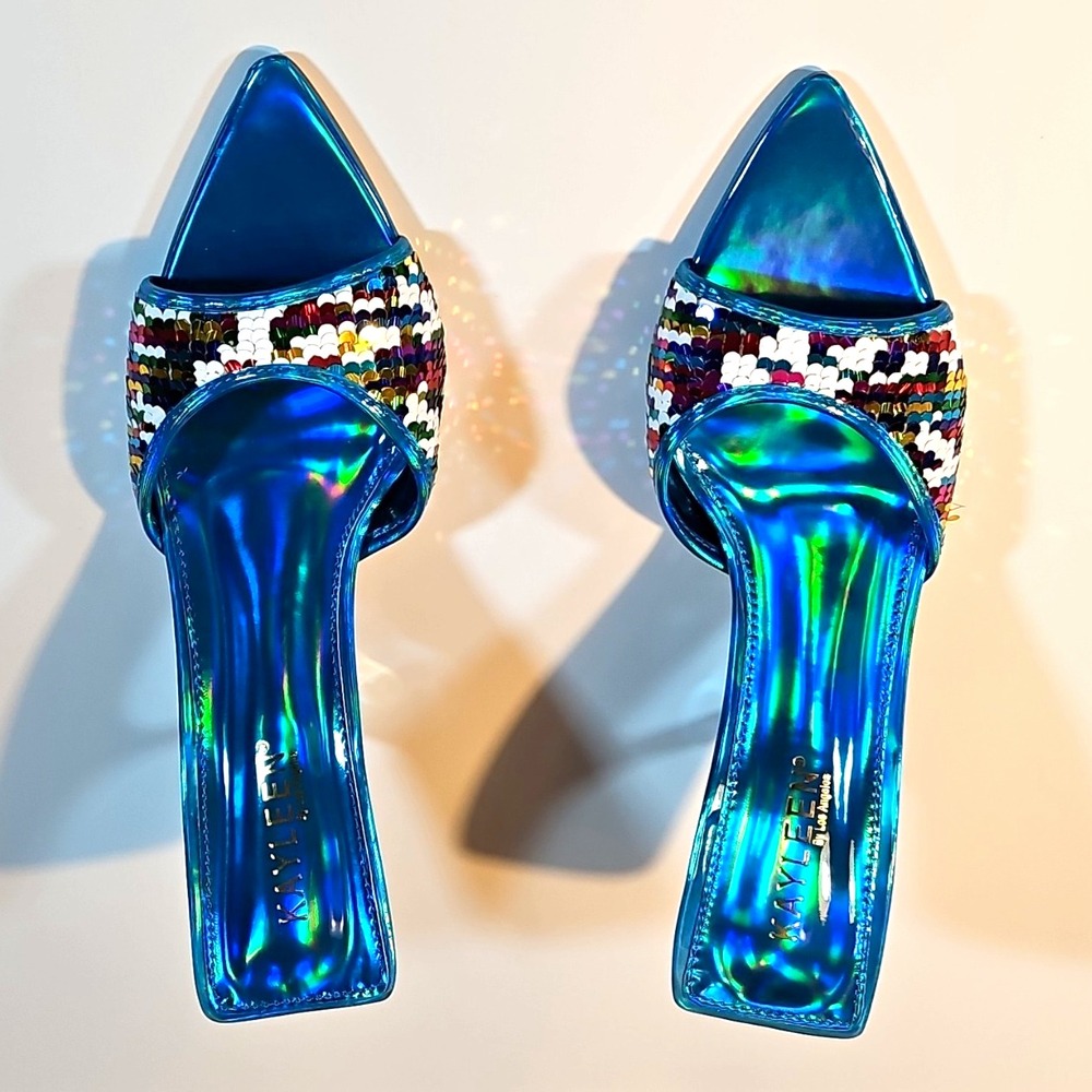 Kayleen Blue lamar_1 Sequin Pointed Toe Slip On Mule Stiletto Heel 9